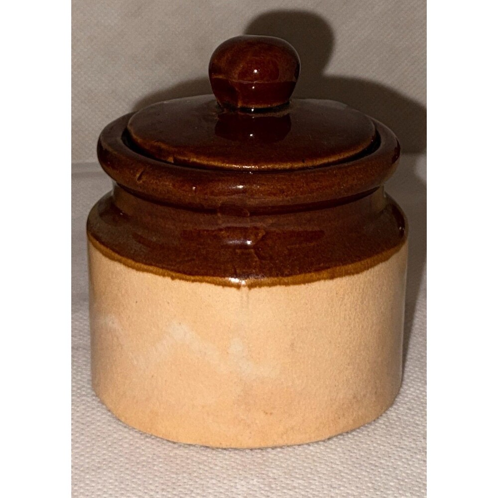 VINTAGE Brown Drip Glaze & Tan Crock Stoneware Pottery Jar With Lid 3" MINT